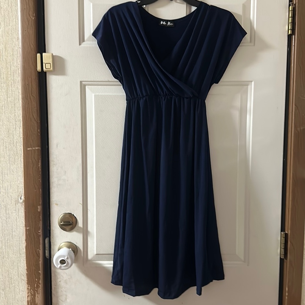 BELLA FLORE NAVY SHORT SLEEVE MATERNITY DRESS: EMPIRE WAIST:NWOT: S